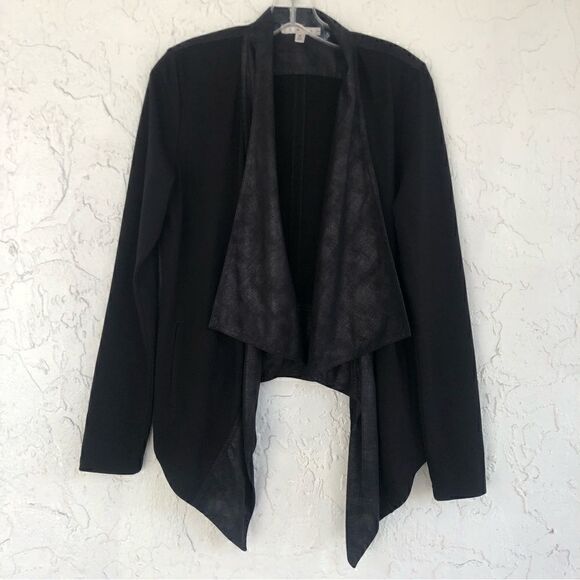 CABI Owens Faux Leather Waterfall Draped Open Front Black Jacket Size Medium - Picture 3 of 10
